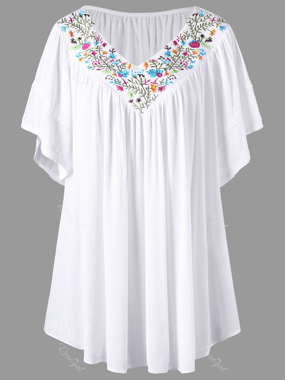 

Embroidery V Neck Plus Size Blouse, White