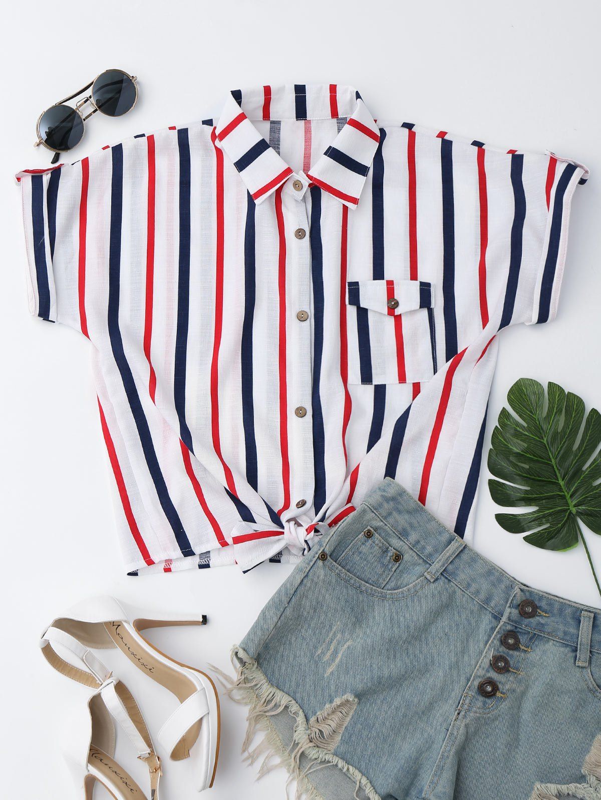Cheap Striped Knotted Button Up Shirt  