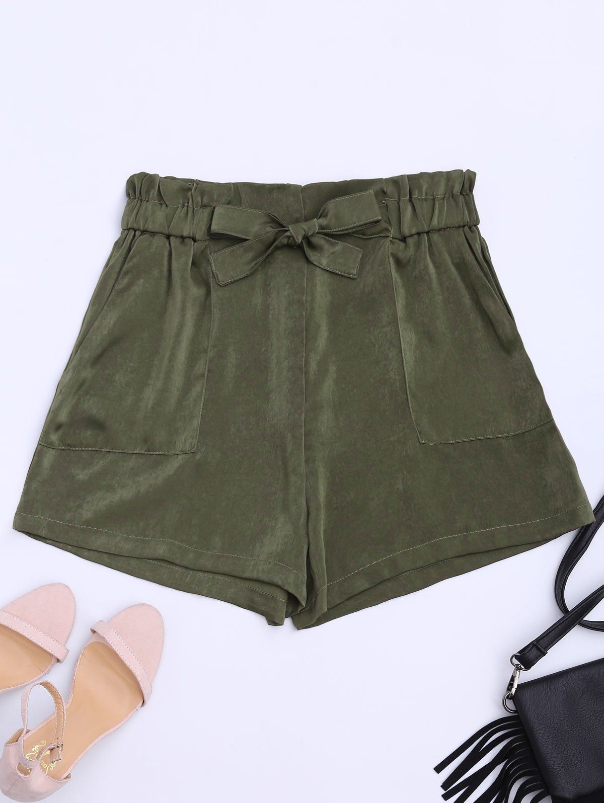Discount Casual Elastic Waist Self Tie Shorts  