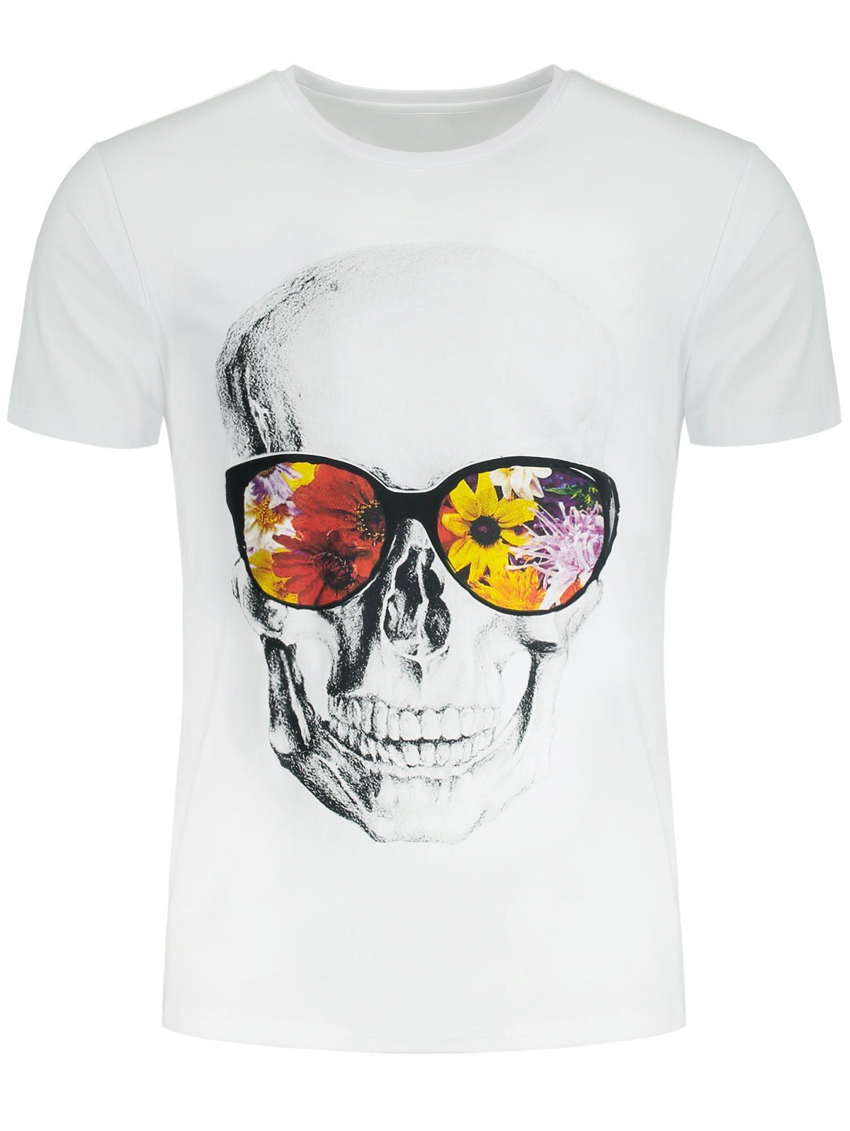 

Short Sleeve Flowers and Skull Printed T-shirt, White