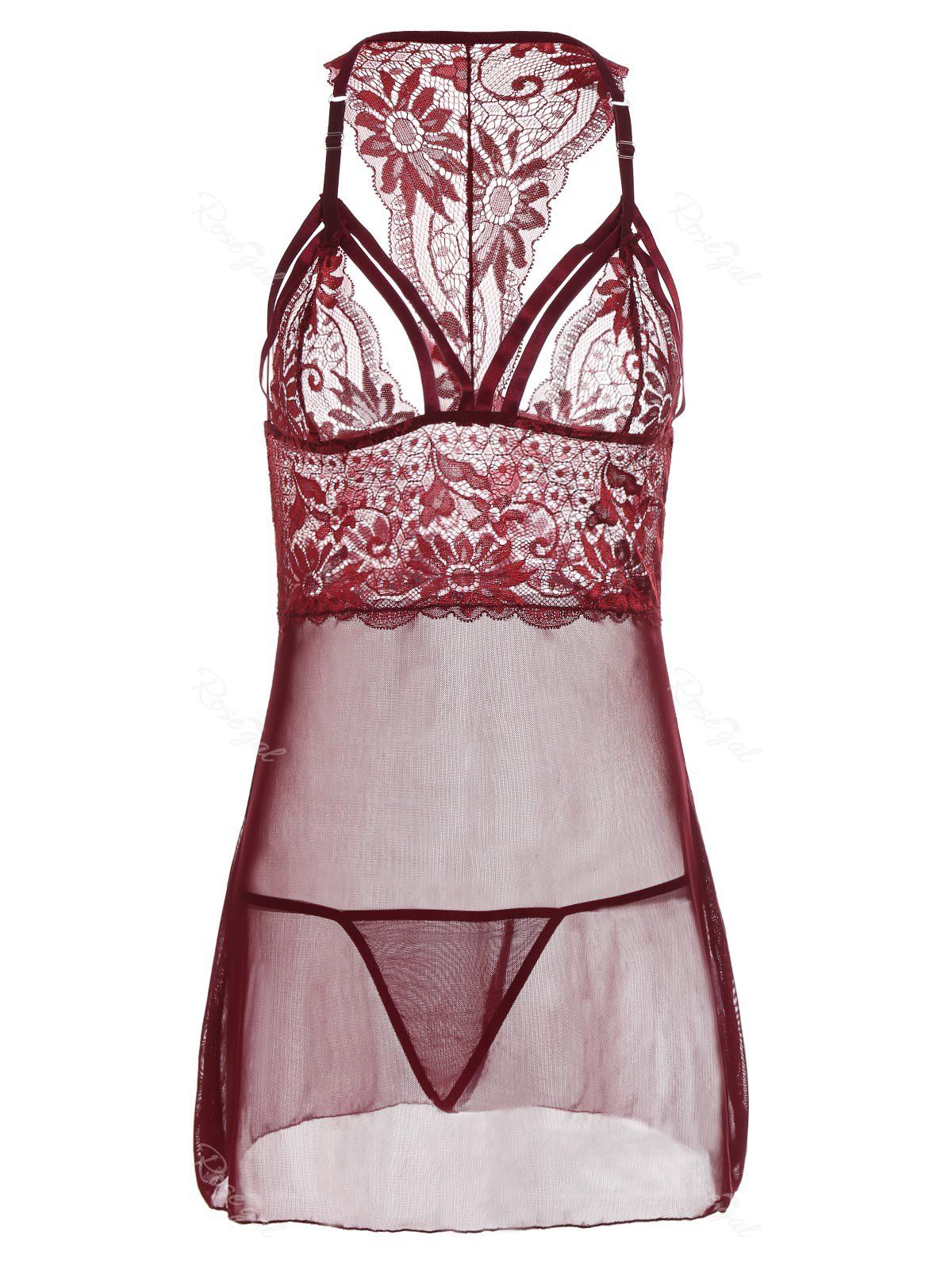 

Lingerie Plus Size Lace Sheer Babydoll Dress, Wine red