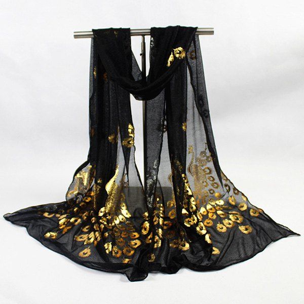 

Gossamer Hot Stamping Peacock Pattern Scarf, Black