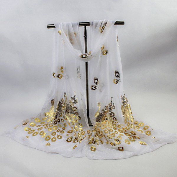 

Gossamer Hot Stamping Peacock Pattern Scarf, White
