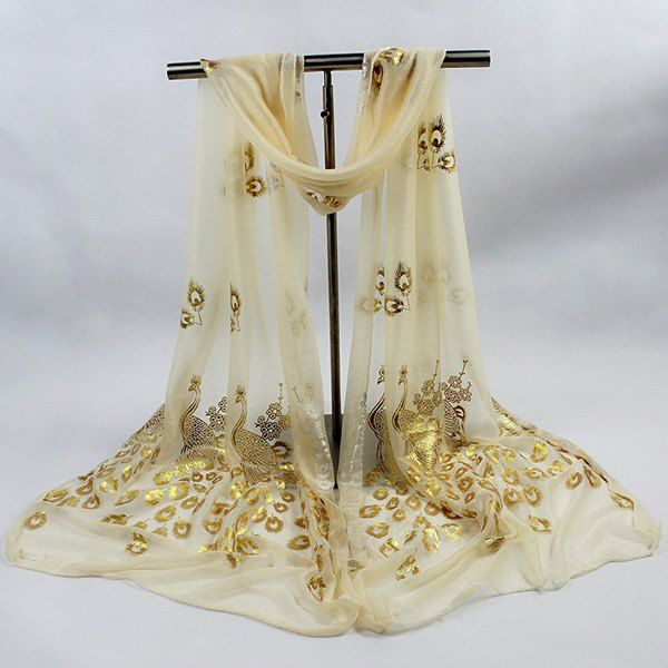 

Gossamer Hot Stamping Peacock Pattern Scarf, Beige