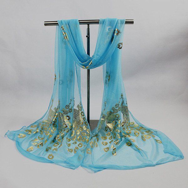 

Gossamer Hot Stamping Peacock Pattern Scarf, Azure