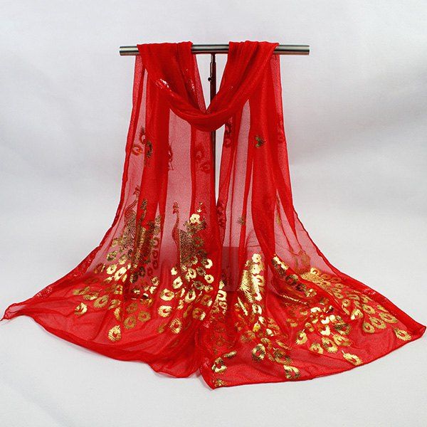 

Gossamer Hot Stamping Peacock Pattern Scarf, Red