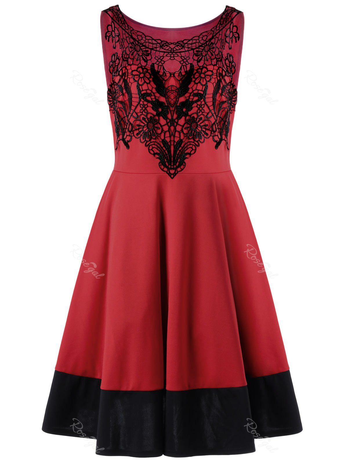

Crochet Panel Plus Size Flare Cocktail Dress, Red