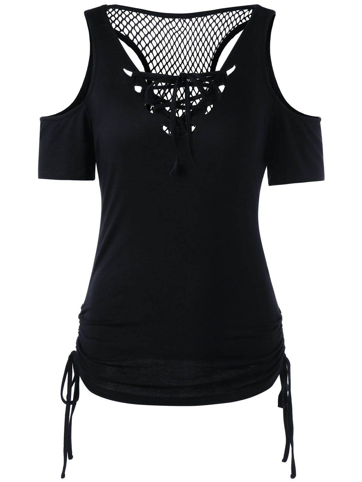 

Openwork Cold Shouder Lace Up T-shirt, Black