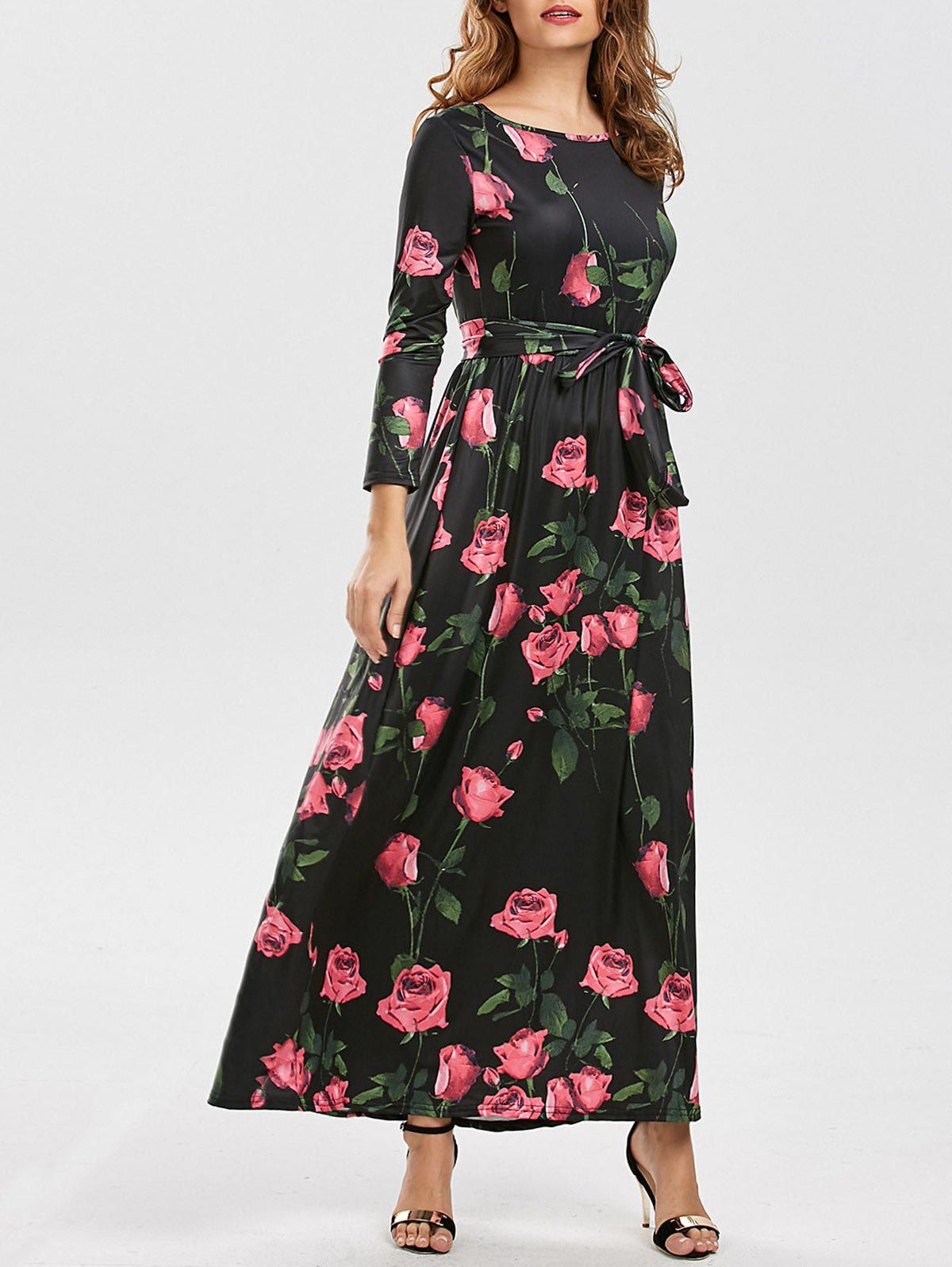 [9% OFF] Long Sleeves Floral Maxi Dress With Belt | Rosegal
