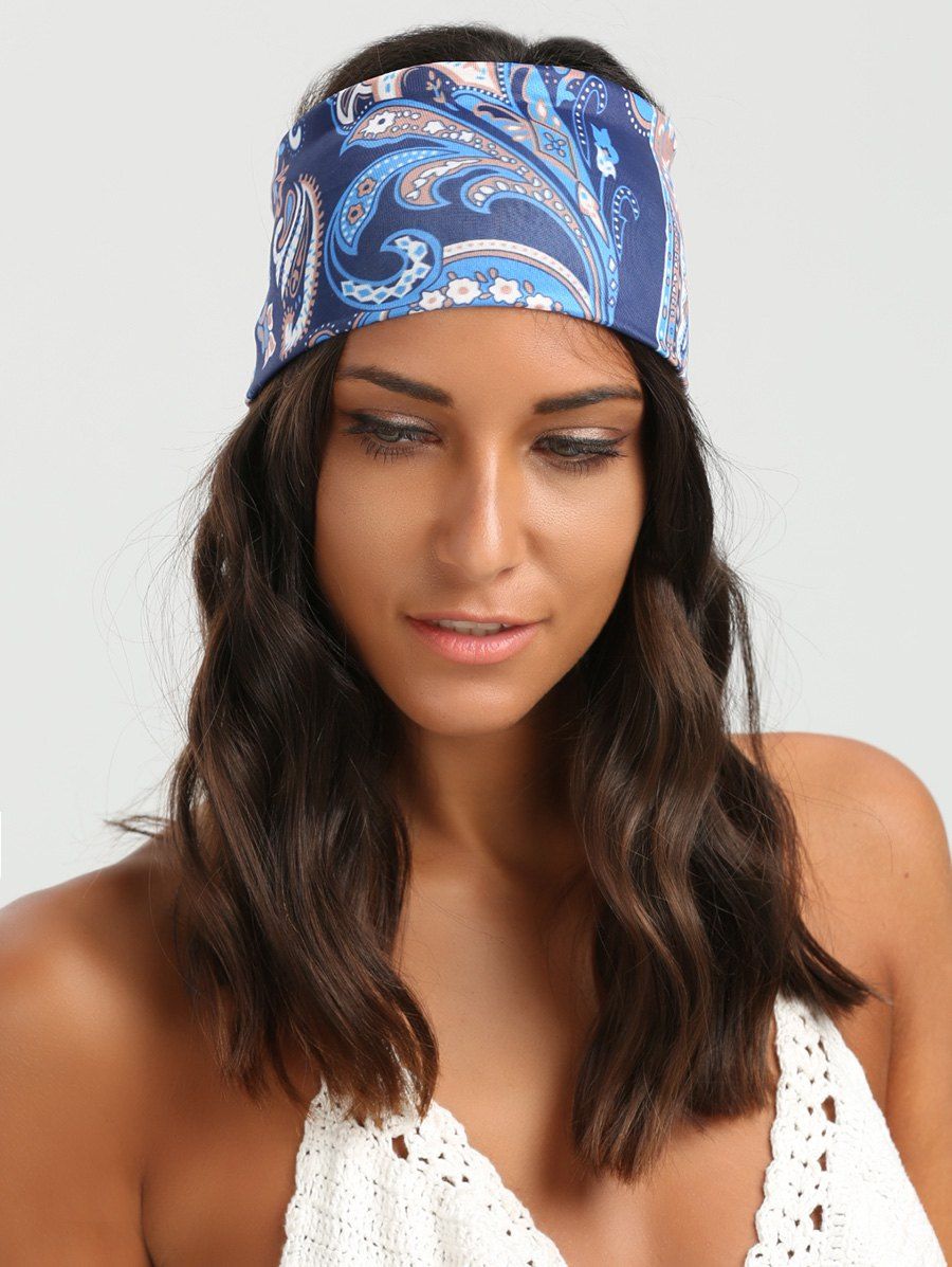 

Wide Elastic Ethnic Flower Pattern Headband, Blue