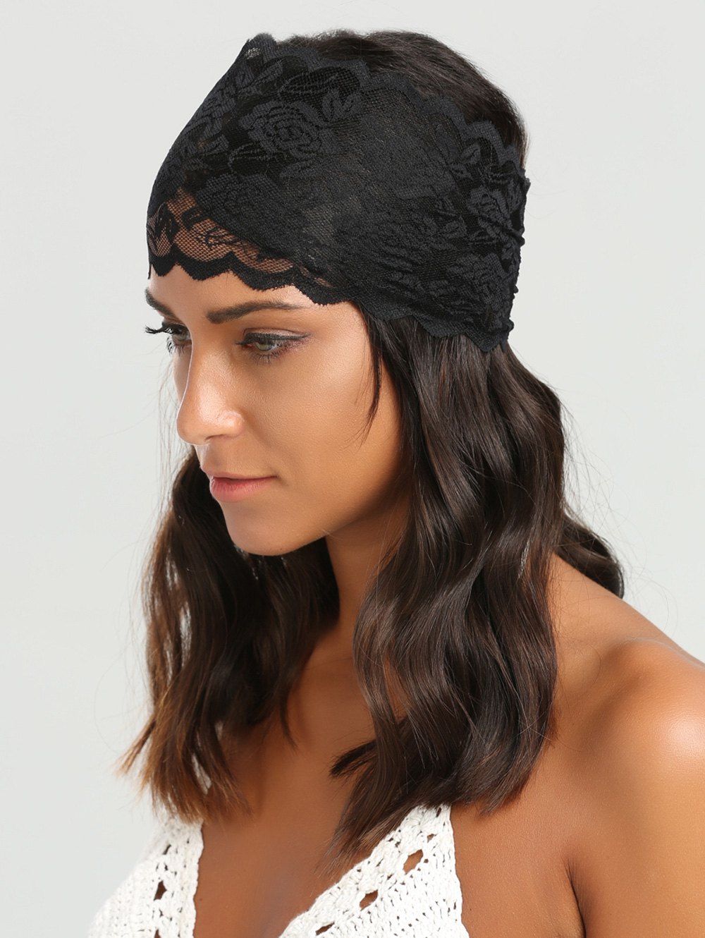 

Wide Lacework Rose Elastic Headband, Black