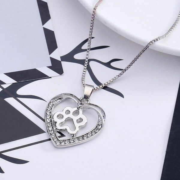 

Dog Paw Heart Hollow Out Pendant Necklace, Silver