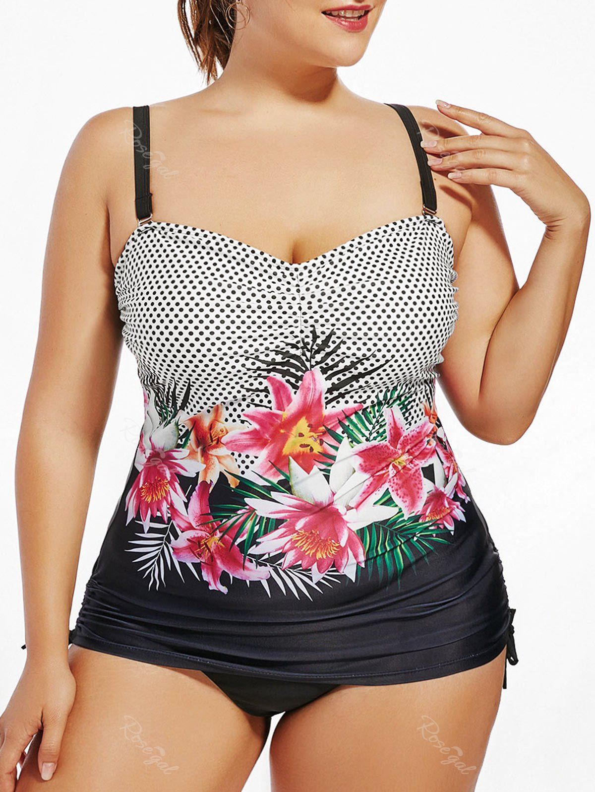

Polka Dot Floral Plus Size Padded Tankini Set, Black
