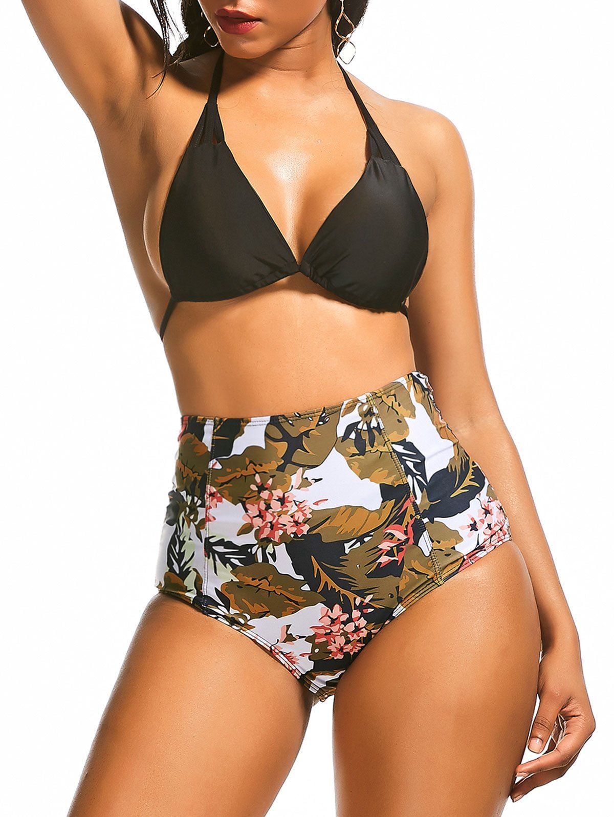 

Floral Leaf Print High Waist Bikini Suit, Colormix