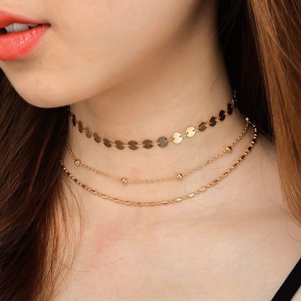 

Metal Disc Collarbone Beaded Necklace Set, Golden