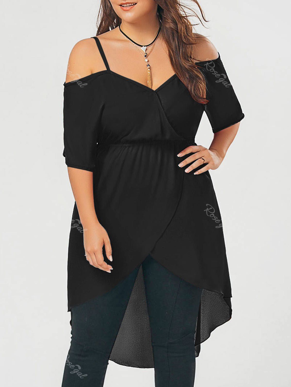 

Plus Size Open Shoulder Long Chiffon High Low Top, Black