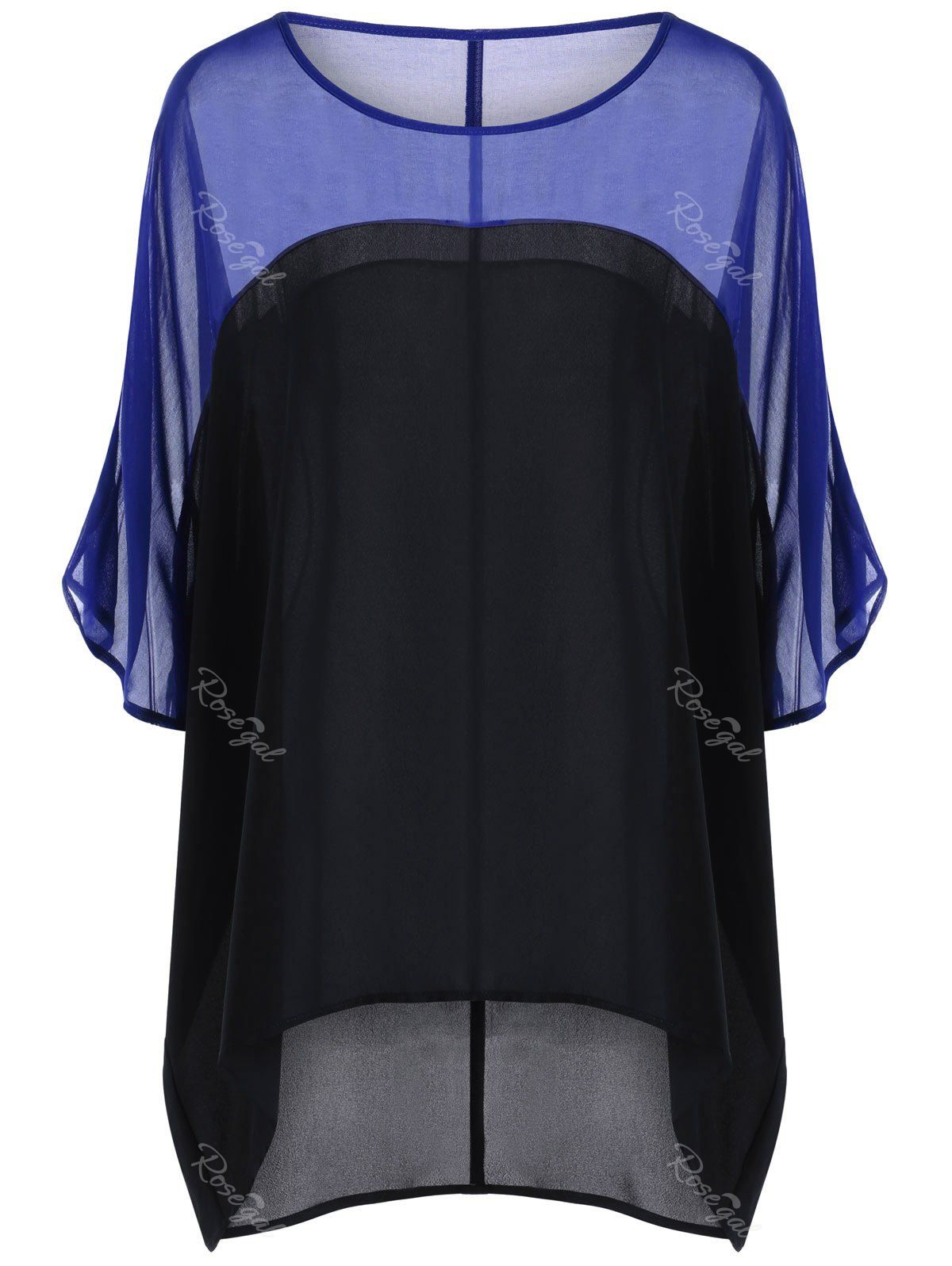 

Color Block Sheer Plus Size Blouse, Blue