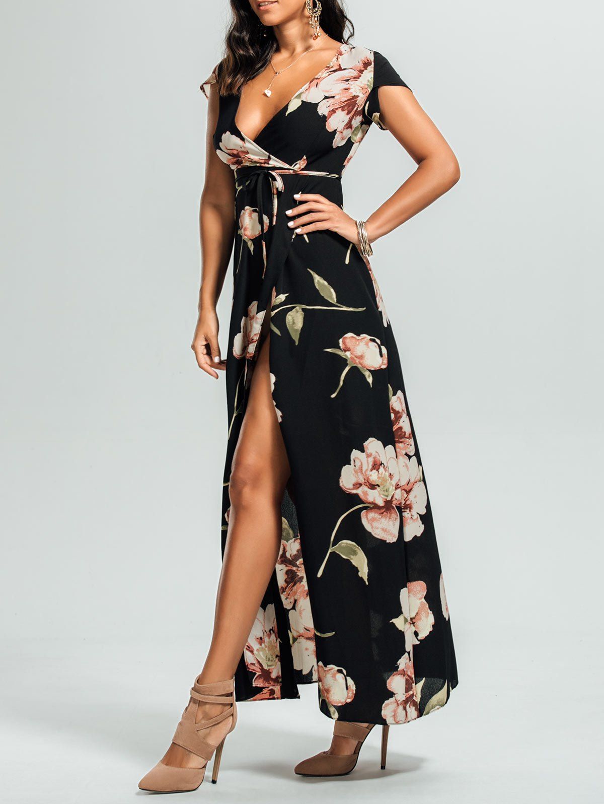 [19% OFF] Floral High Split Surplice Maxi Dress | Rosegal