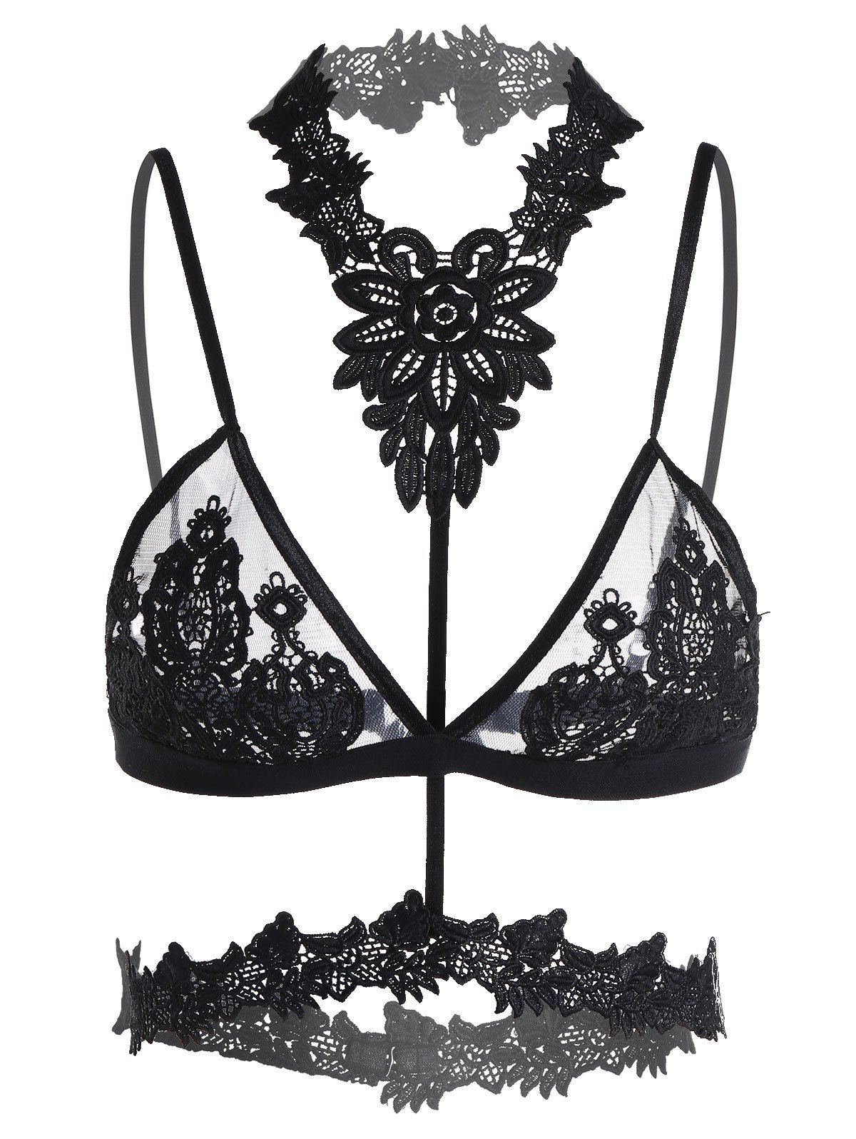 

Applique Lace Bra with Choker Strap Twinset, Black