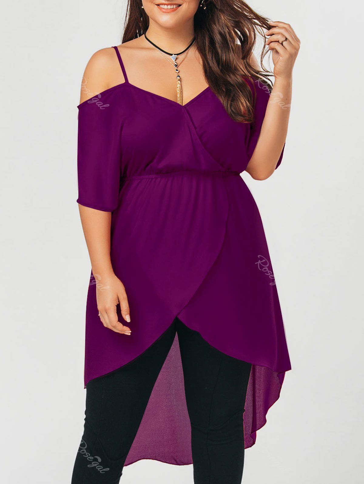 

Plus Size Open Shoulder Long Chiffon High Low Top, Purple