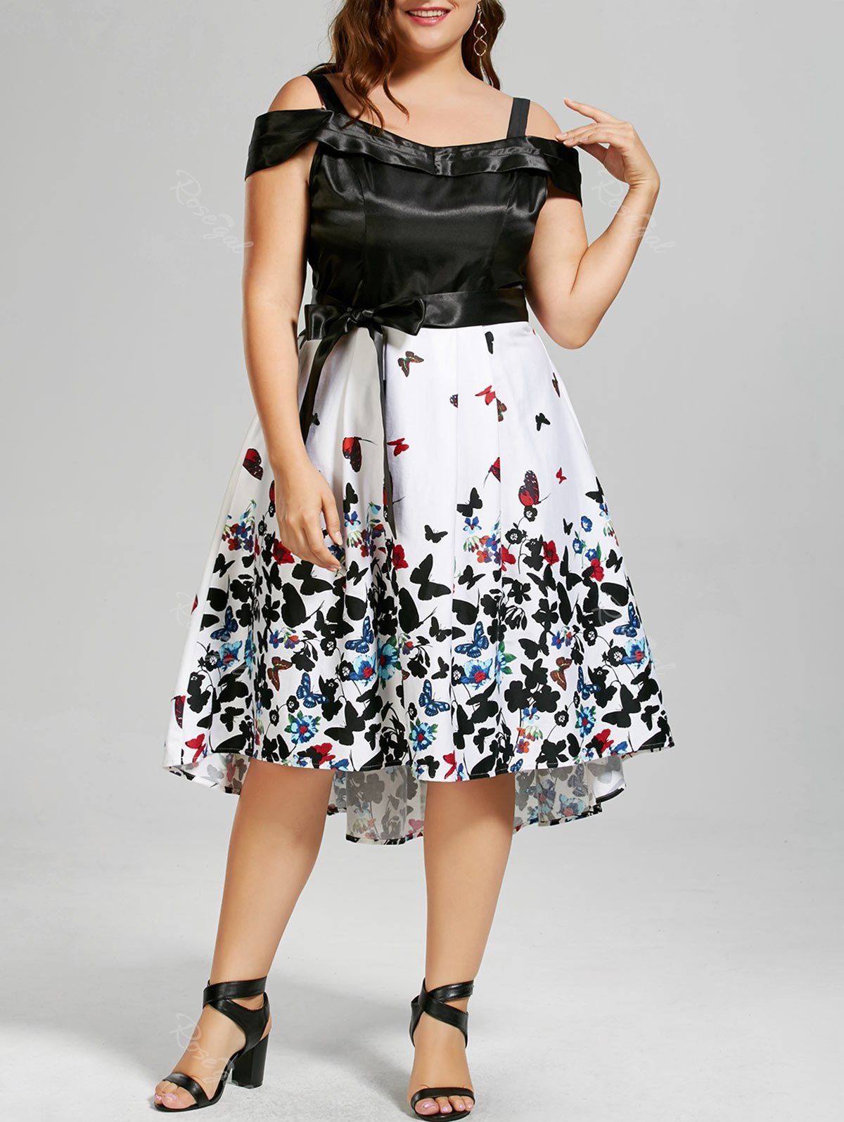 

Plus Size Cold Shoulder Butterfly Print Vintage Dress, Black