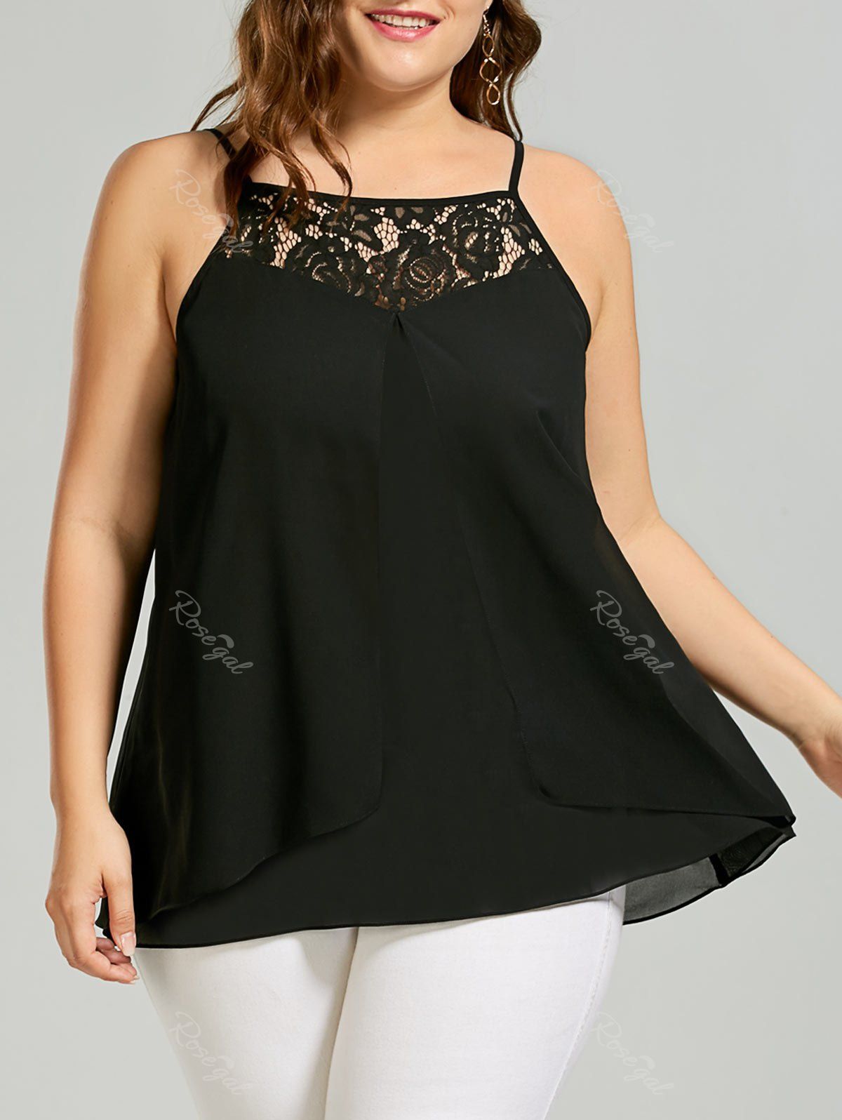 

Plus Size Lace Insert Camisole Top, Black