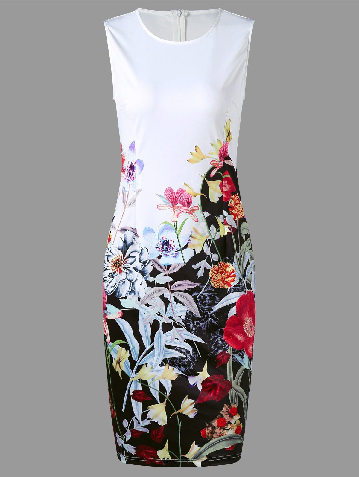 

Flower Print Sleeveless Pencil Sheath Dress, White