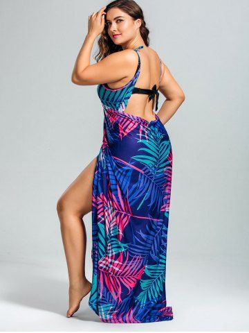 

Tropical Leaf Printed Plus Size Cover Up Dress, Colormix