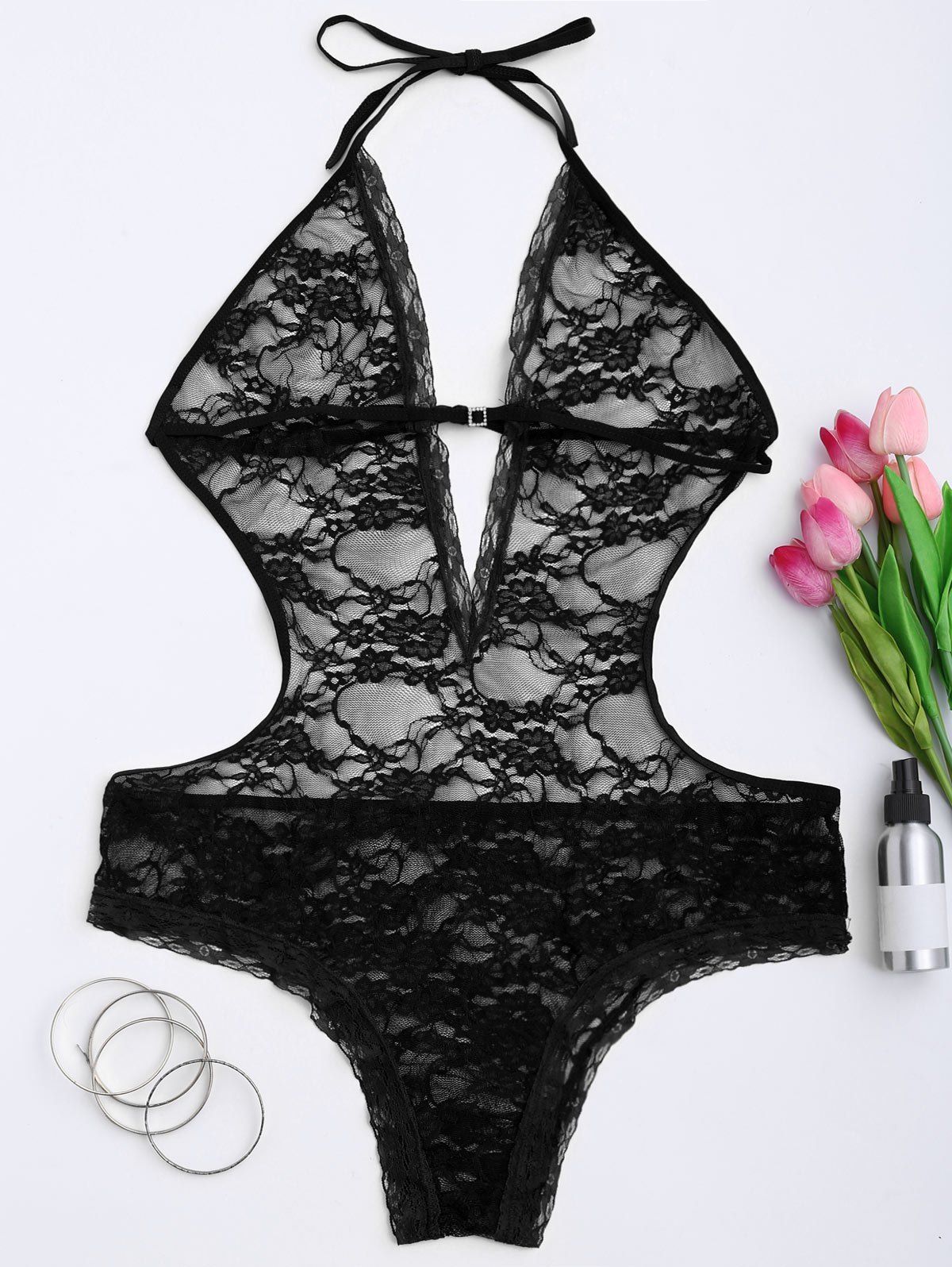 

Lace Backless Plus Size Lingerie Teddy, Black