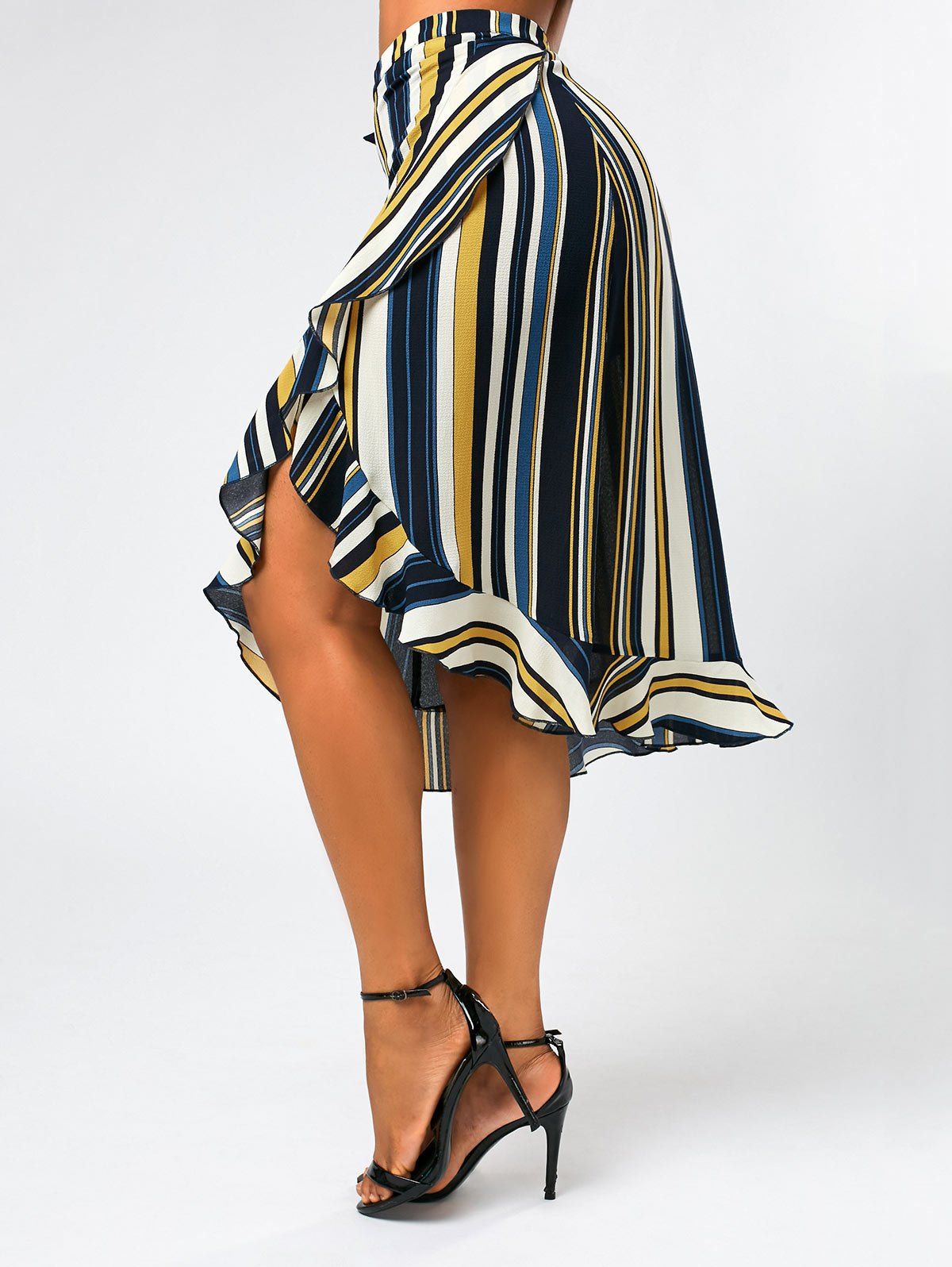 

Stripe Print Ruffles Midi Wrap Skirt, Colormix