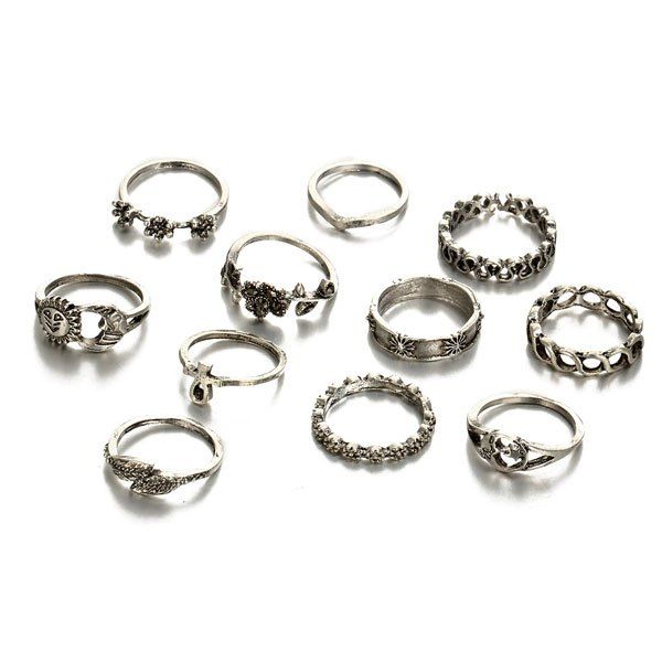 

Moon Sun Flower Leaf Finger Ring Set, Silver
