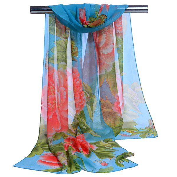 

Gossamer Showy Flowers Printed Long Scarf, Blue