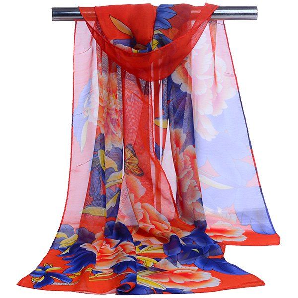 

Gossamer Showy Flowers Printed Long Scarf, Red