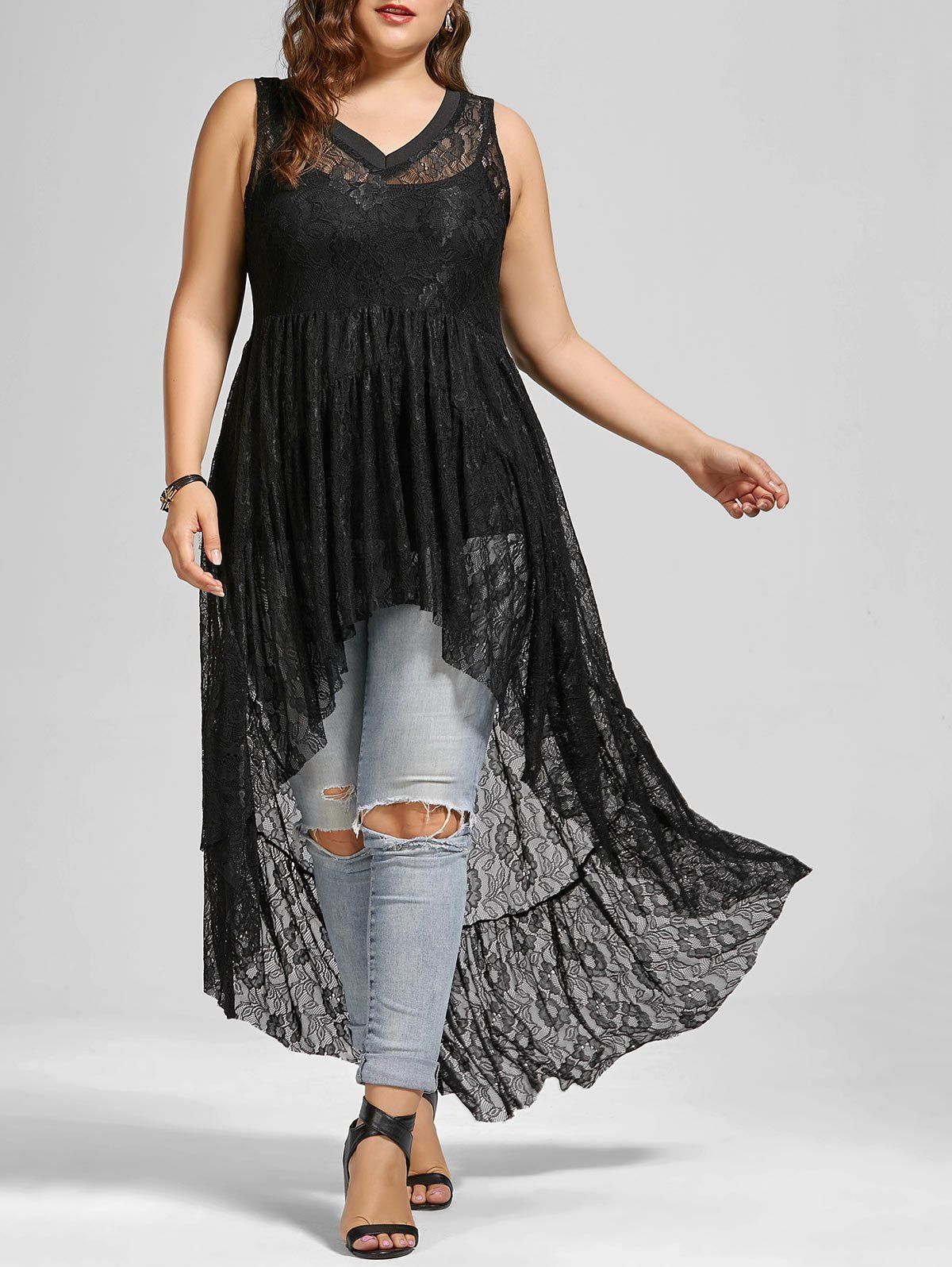 Black 5xl See Through Lace High Low Plus Size Top | Rosegal.com