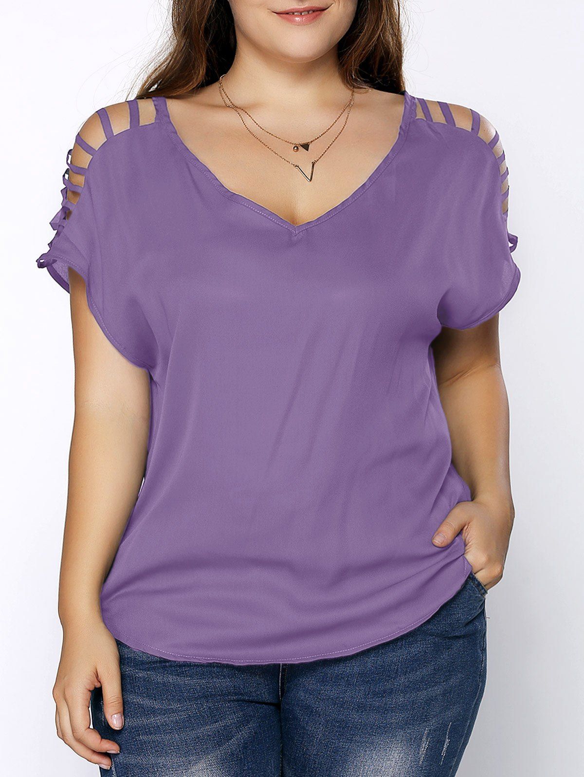 

Plus Size V Neck Ripped Sleeve Tee, Light purple