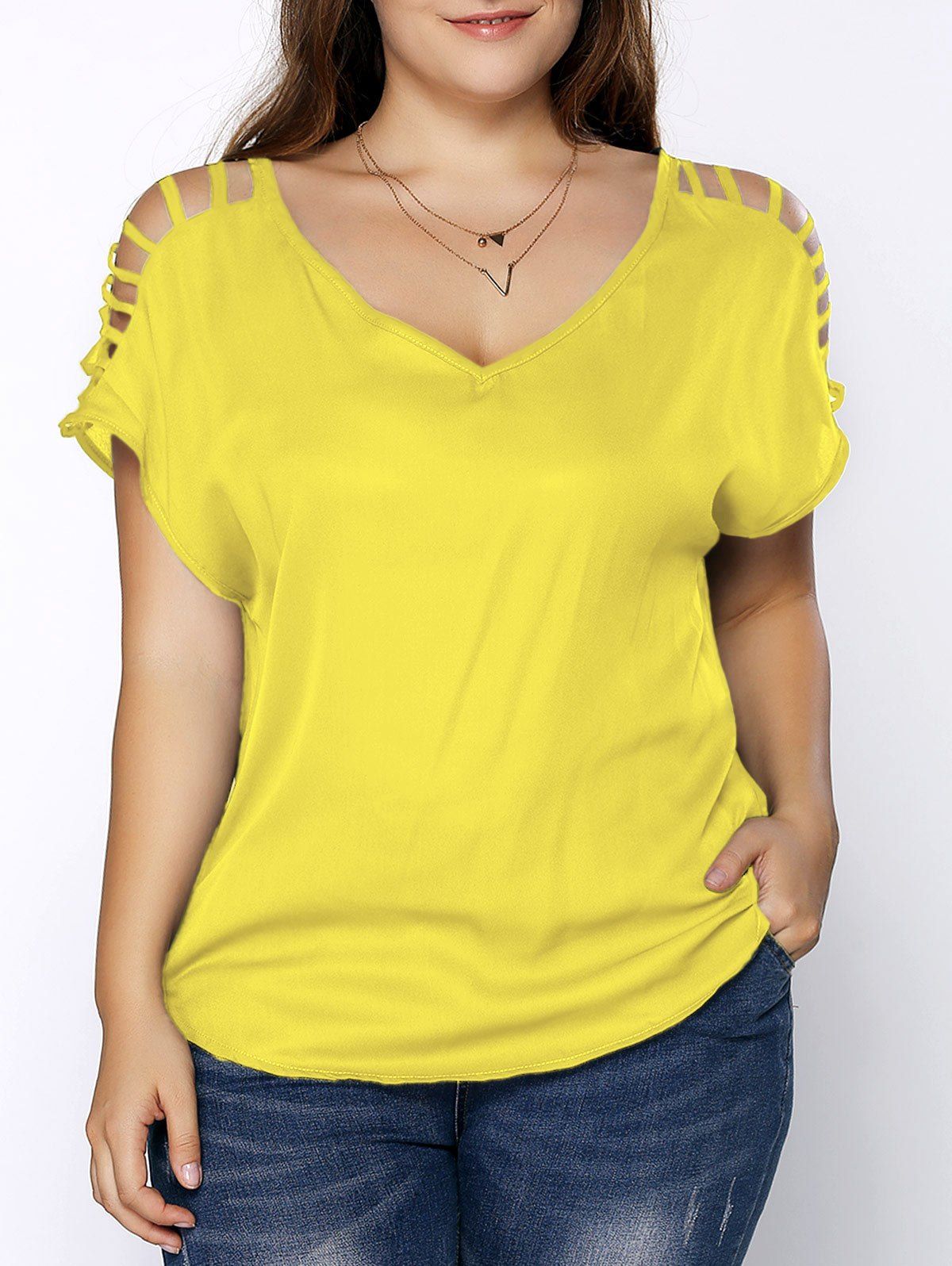 

Plus Size V Neck Ripped Sleeve Tee, Lemon yellow