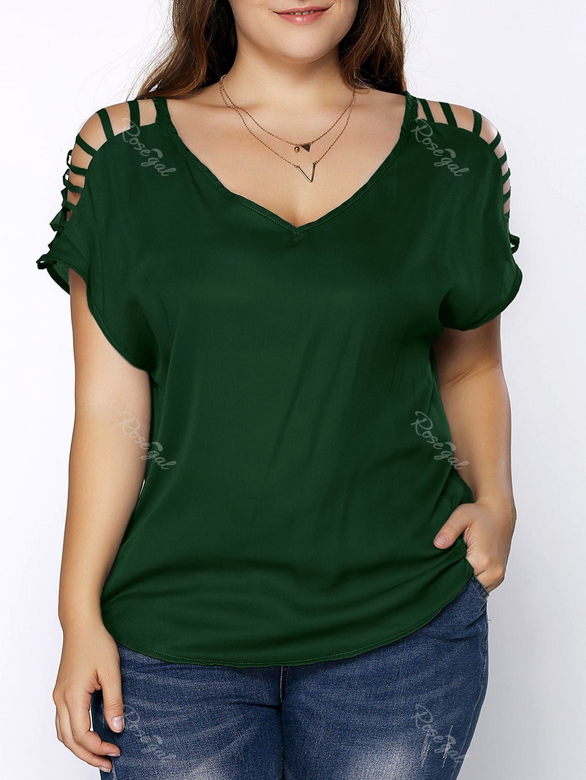 T-shirt Grande Taille Col en V Manches Découpées vert foncé 6XL
