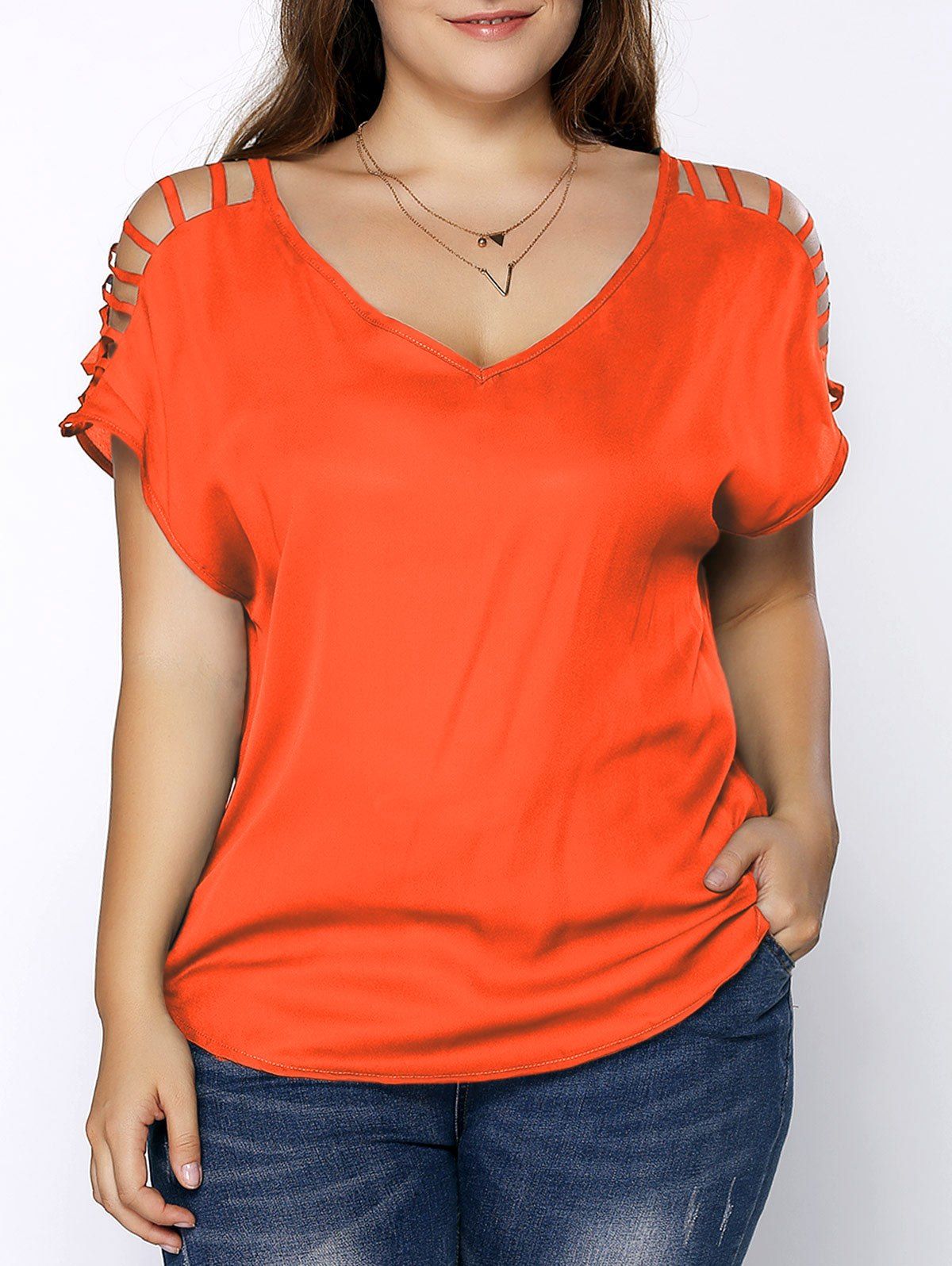 

Plus Size V Neck Ripped Sleeve Tee, Jacinth