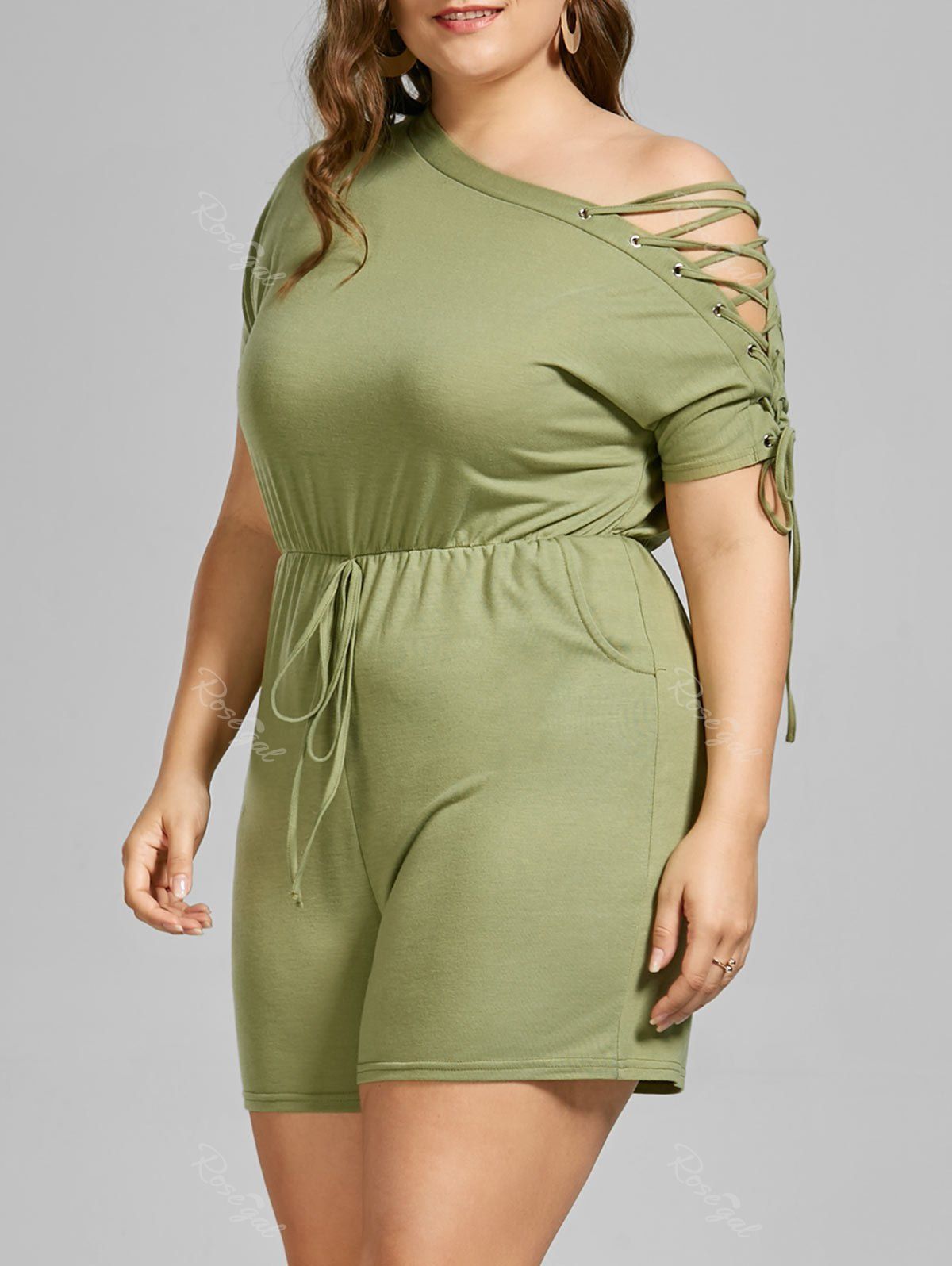 [44 OFF] Plus Size Skew Collar Lace Up Romper Rosegal