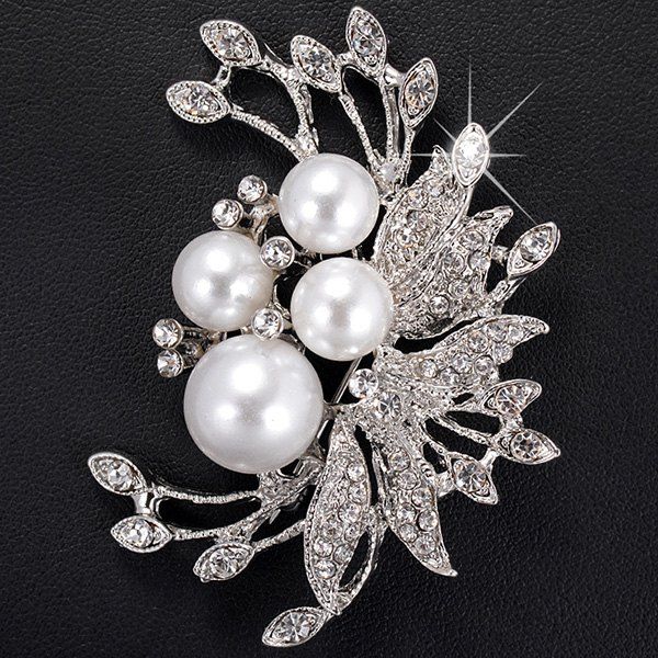 

Rhinestone Inlay Floral Design Faux Pearl Brooch, Silver