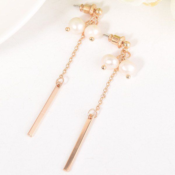Trendy Long Metal Stick Double Artificial Pearl Earrings  