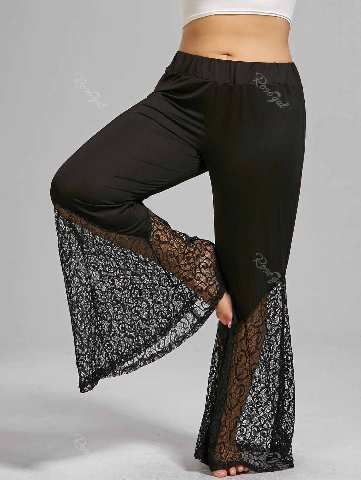 

Plus Size Lace Crochet Panel Bell Bottom Pants, Black