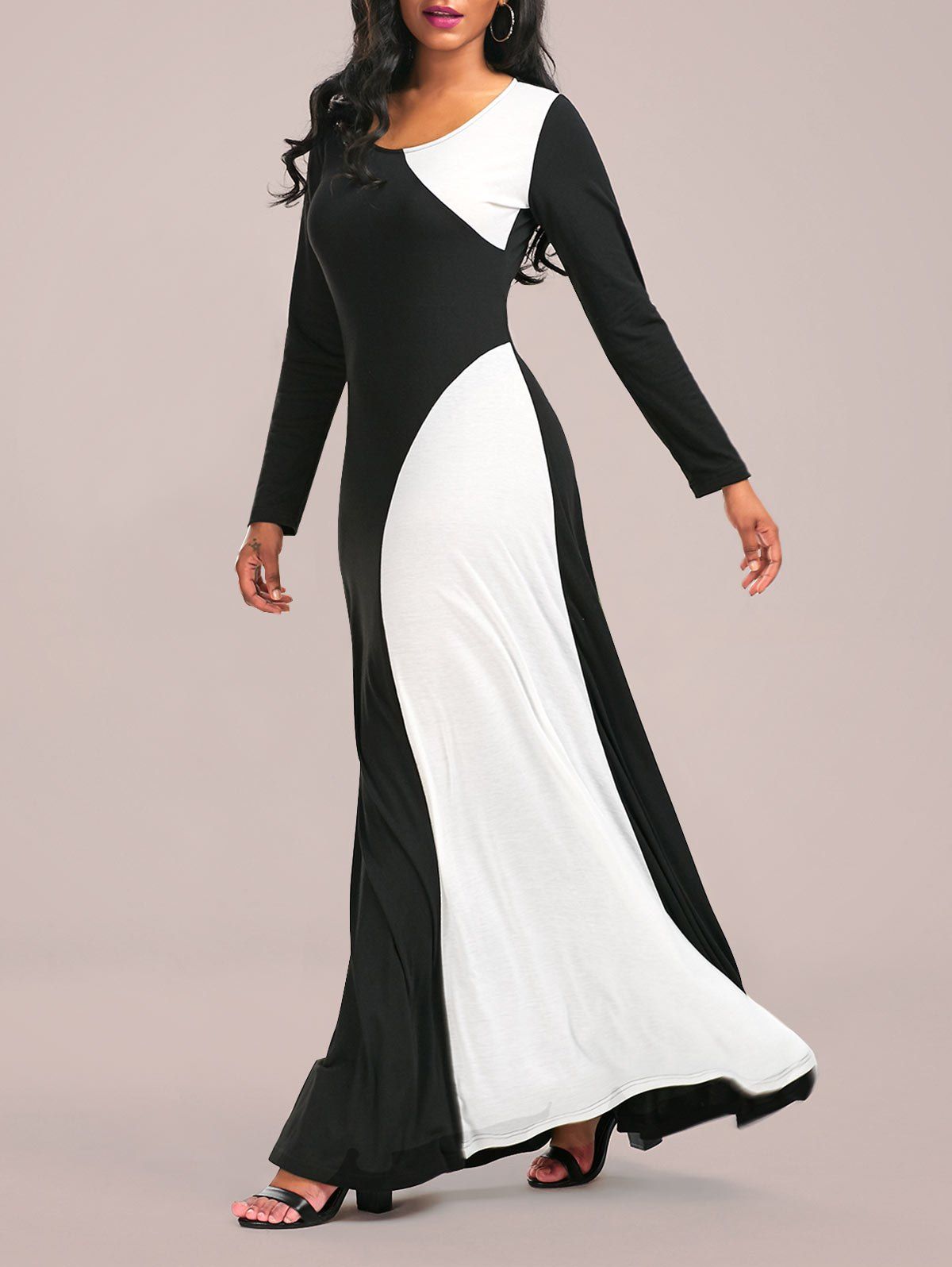 

Long Sleeve Two Tone Maxi Jersey Dress, White and black