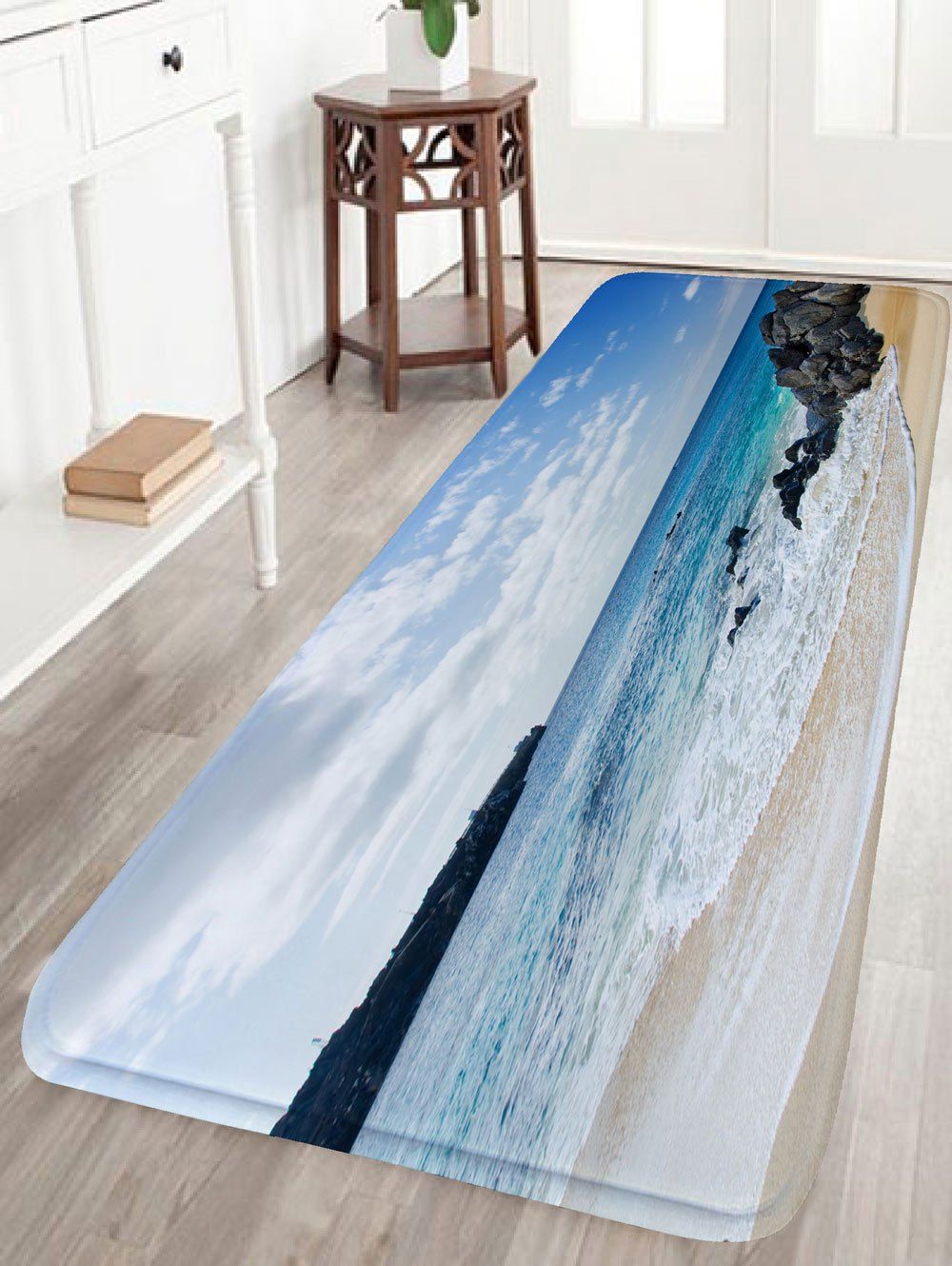 

Seascape Print Bathroom Flannel Water Absorption Rug, Blue