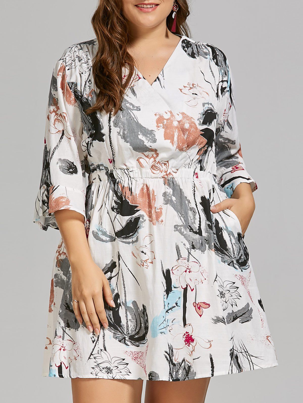 

Plus Size Linen Ink Painting Dress with Flare Sleeves, White