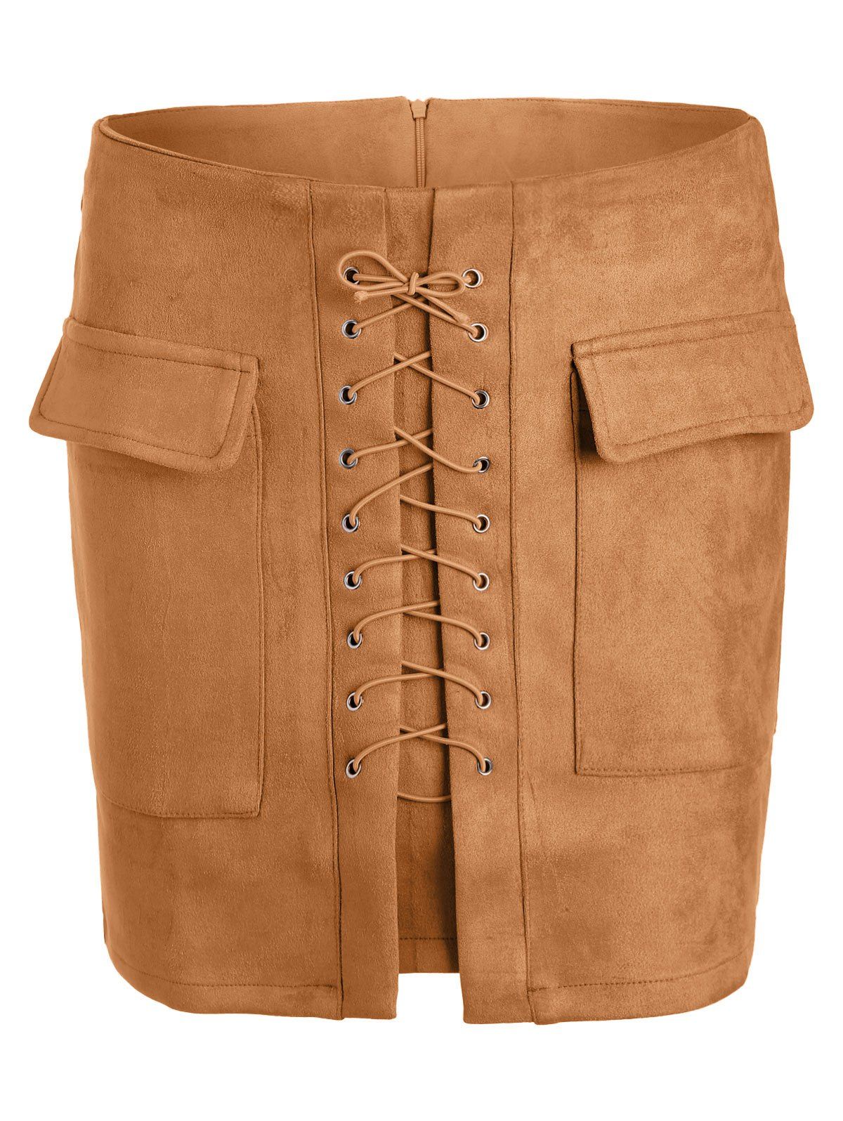 New Lace Up Pocket Suede Mini Bodycon Skirt  