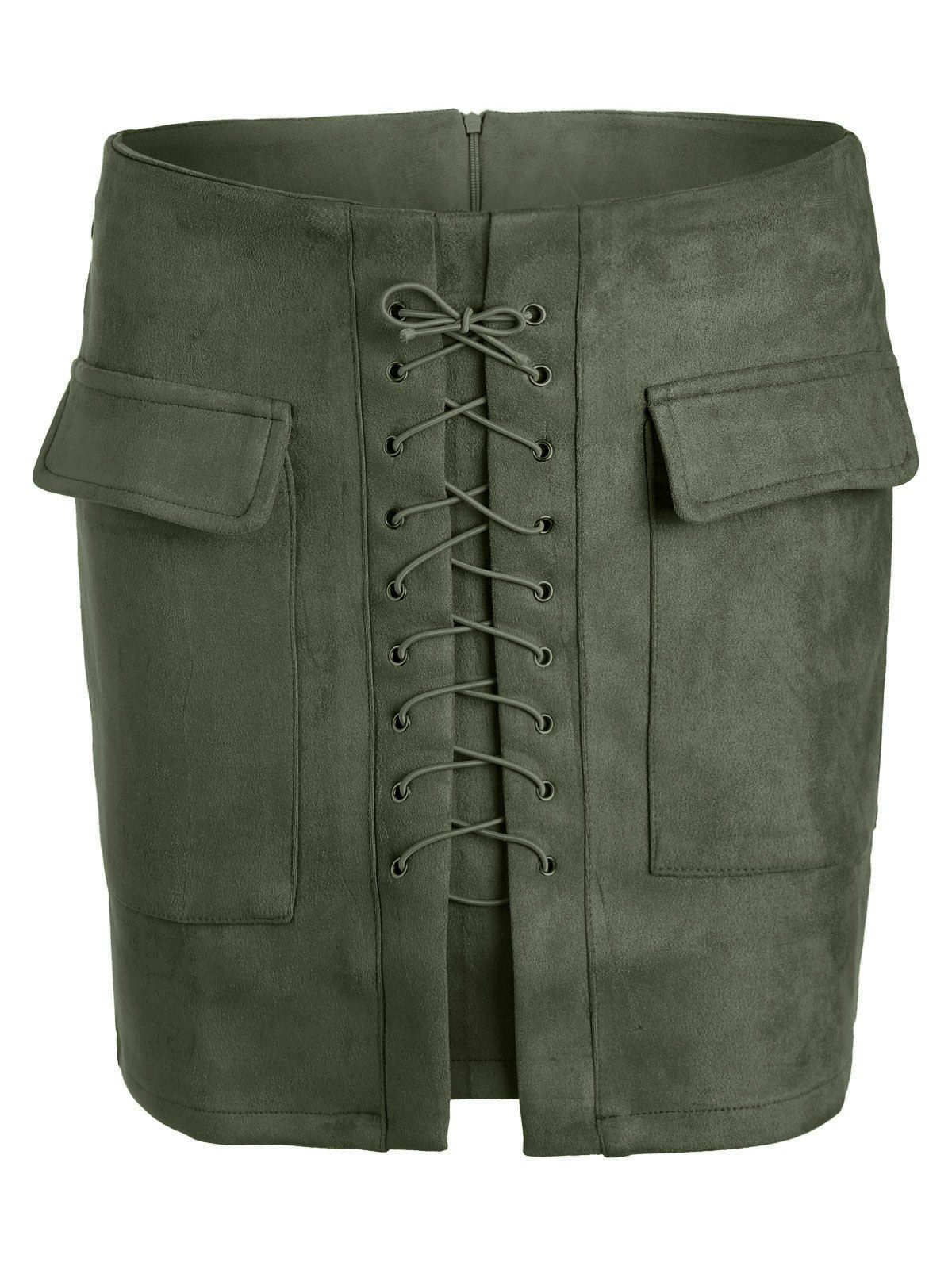 Unique Lace Up Pocket Suede Mini Bodycon Skirt  