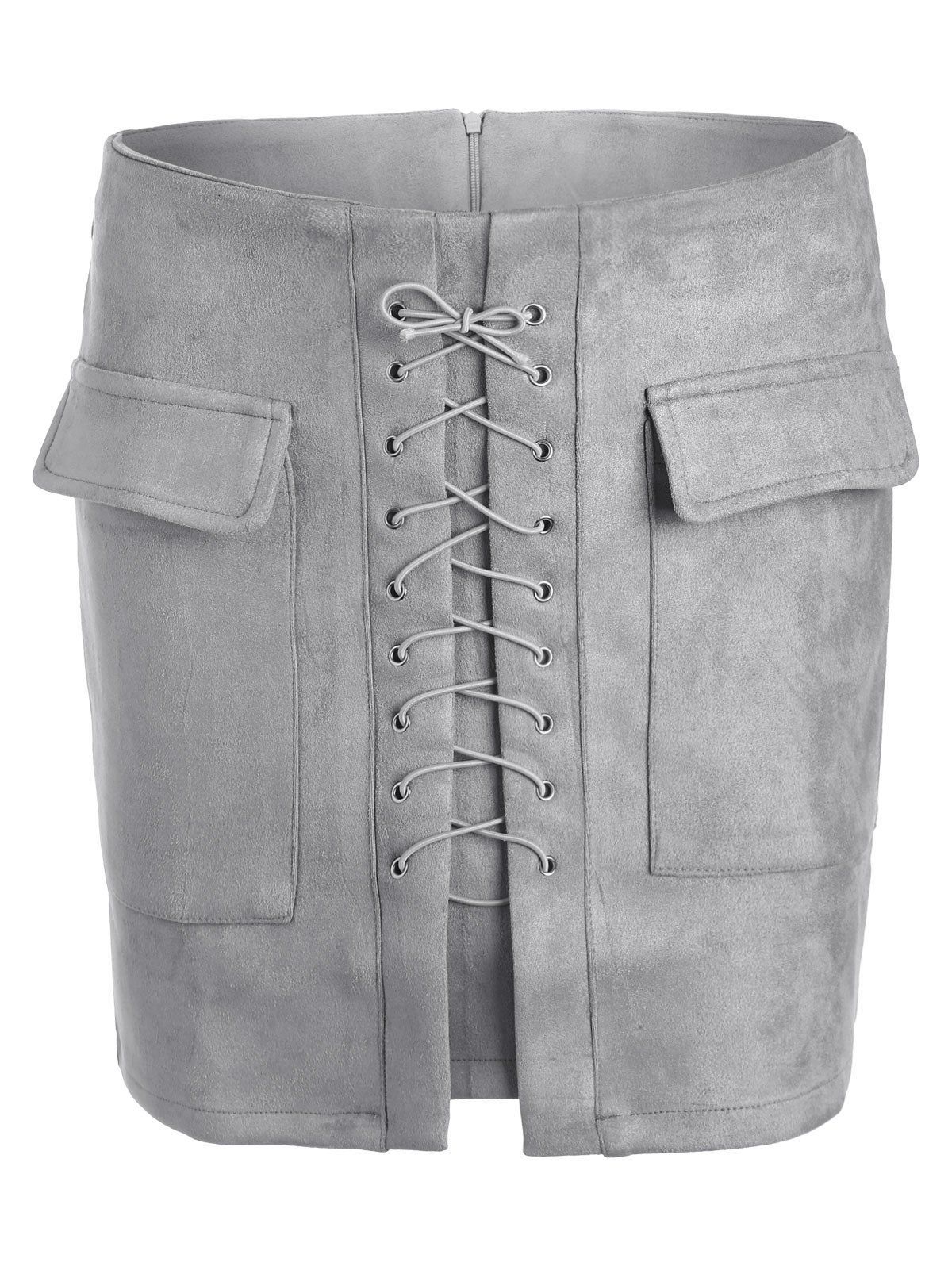 Hot Lace Up Pocket Suede Mini Bodycon Skirt  