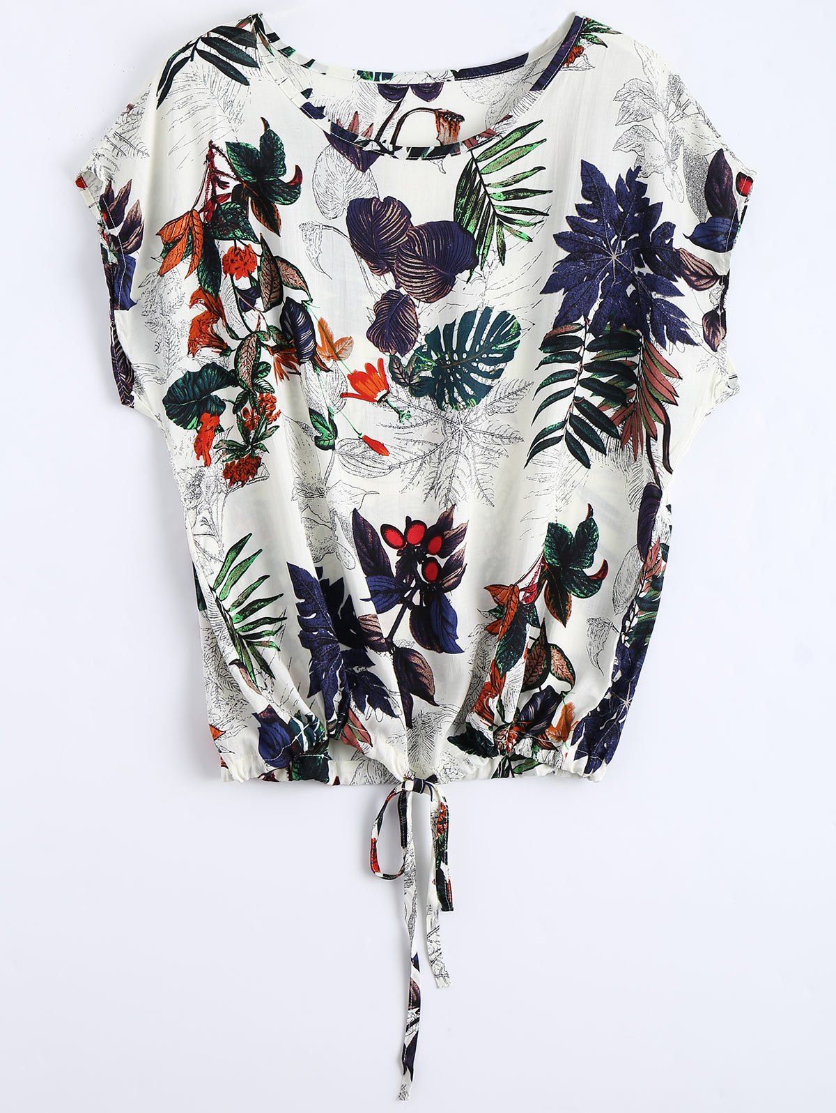 

Round Neck Leaves Print Drawstring Blouse, Multi