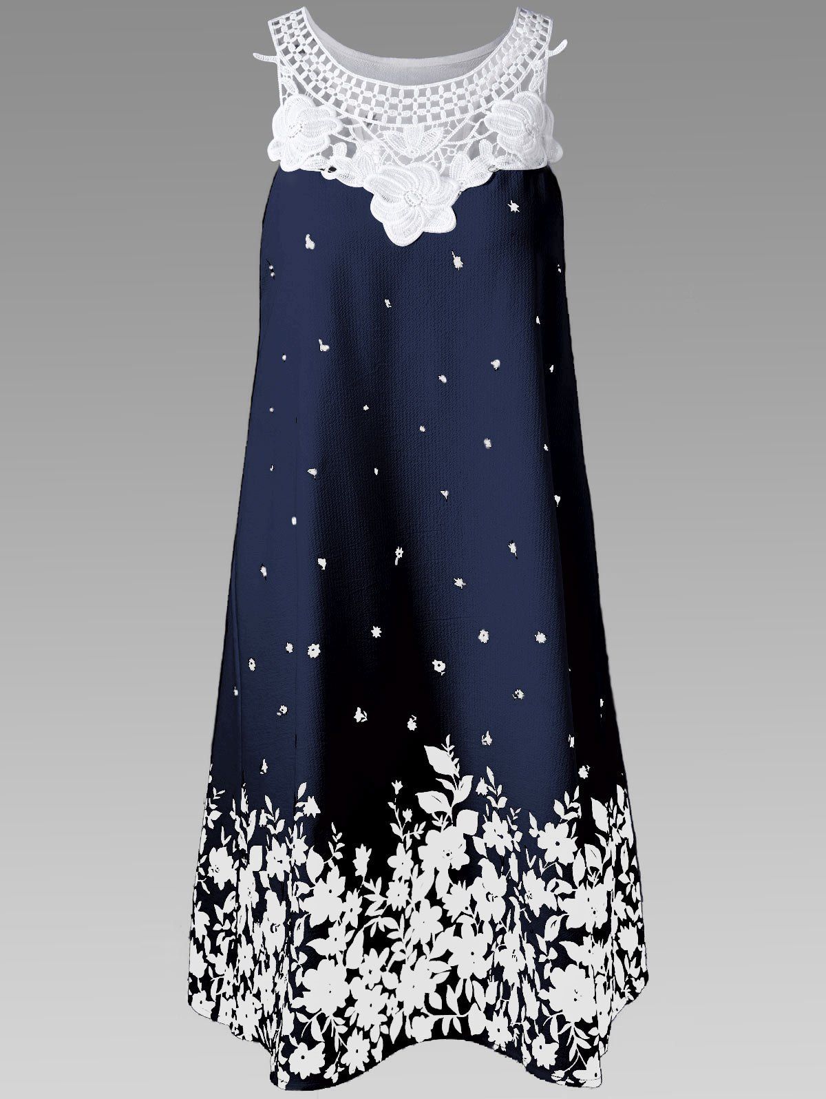 

Casual Lace Panel Racerback Floral Tent Dress, Purplishblue + white